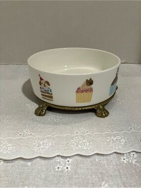 Fringe Studio White Ceramic Dog Bowl w/Pastel Cupcakes & Paw Print Design.